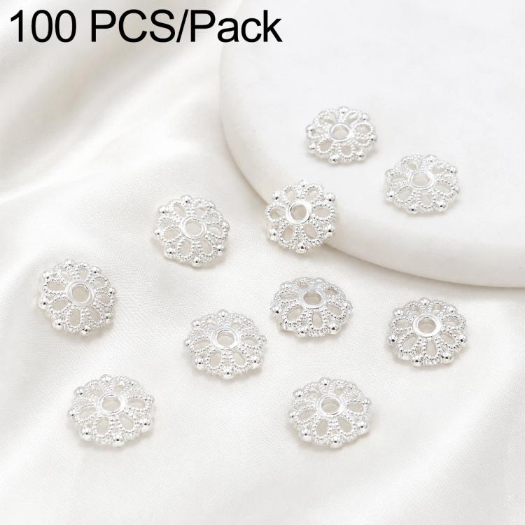 Silver flower bead cap spacers, circular lattice petals around a central opening