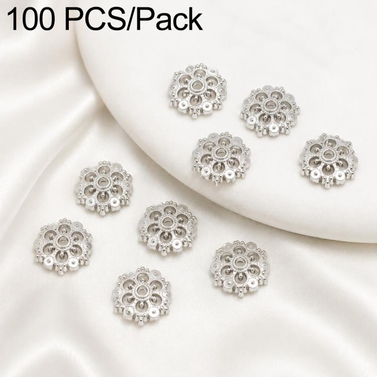 Silver flower bead cap spacers with central hole, small round floral openwork design