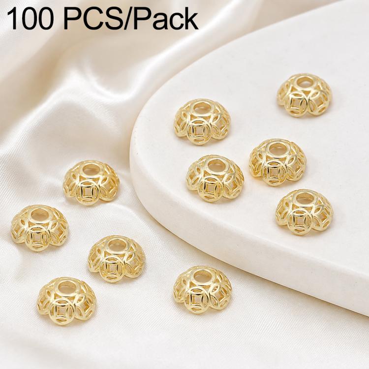 Gold coin bead cap spacers, hollow lattice pattern with center hole
