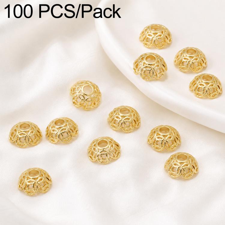 Gold coin-style bead caps, hollow filigree with center hole