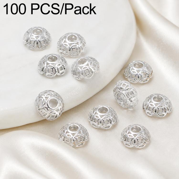 Silver round flower bead cap spacers with central hole, textured openwork metal design