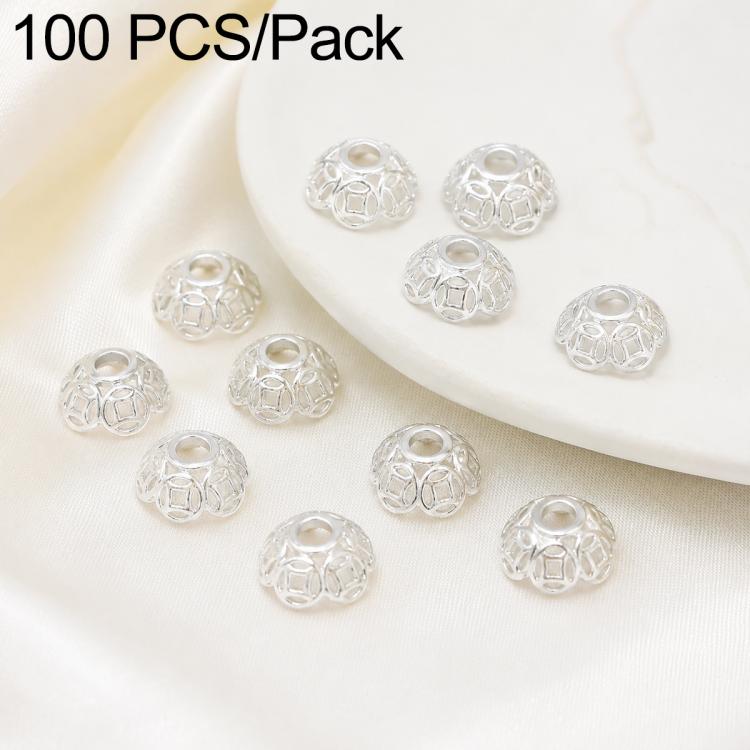 Silver hollow flower bead caps with central hole, round openwork floral pattern