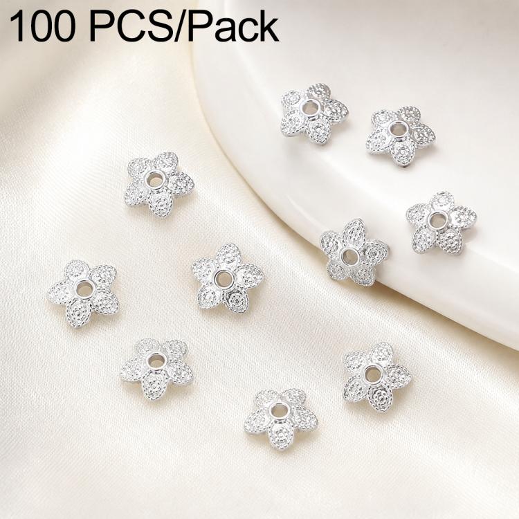 Silver glitter flower bead caps with central hole, small openwork five-petal style
