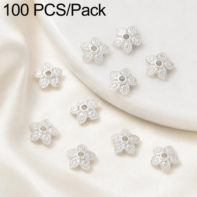 Silver flower bead cap spacers, small rounded caps with central hole and open floral detailing