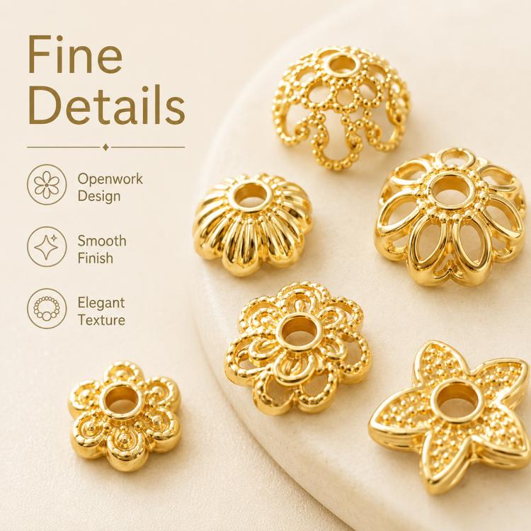 Gold hollow bead cap spacers with detailed flower filigree and open center holes