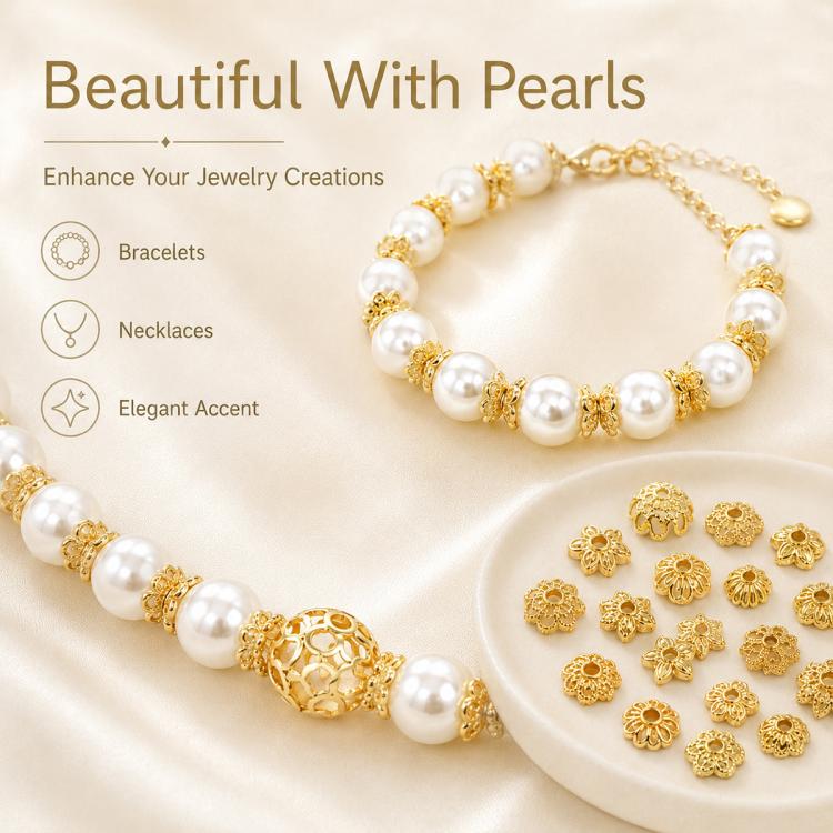 Gold flower bead caps in a pearl bracelet, hollow caps with center openings