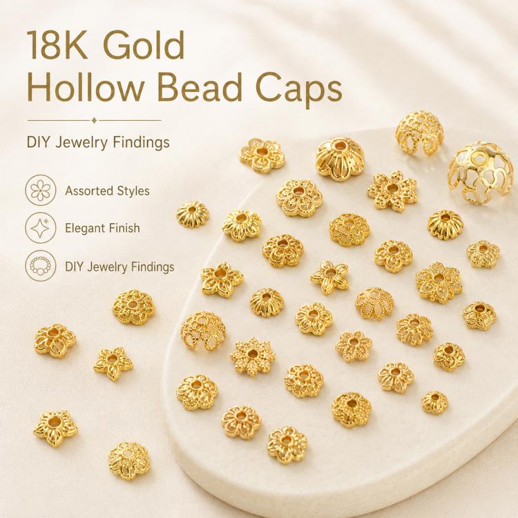 18K gold hollow 6-petal flower bead caps with center hole, DIY jewelry findings