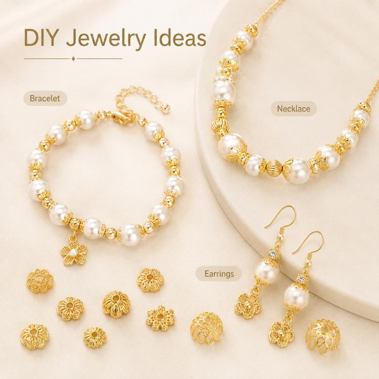 Gold 6-petal hollow flower bead caps with center holes, used on pearl jewelry pieces
