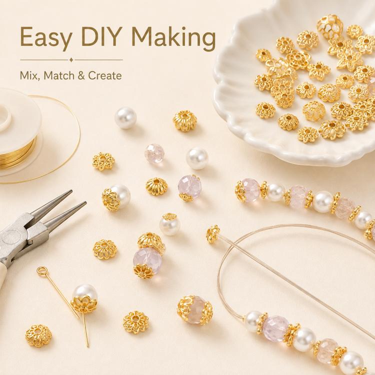 Gold 6-petal hollow flower bead caps with center holes, mixed with pearl accents