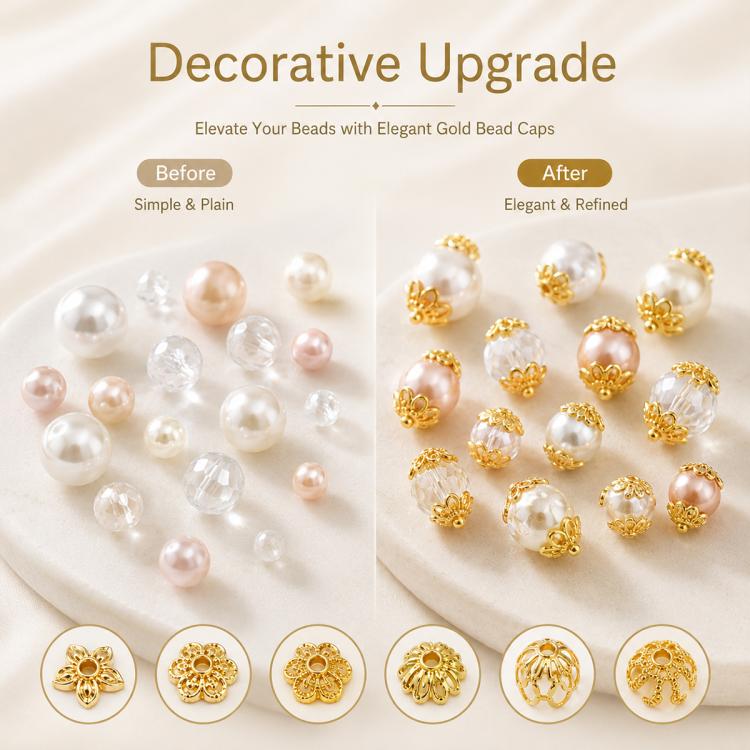 Gold hollow 6-petal flower bead caps with center holes for decorative bead accents