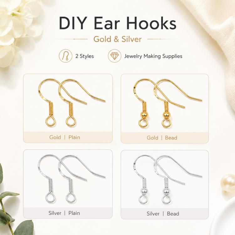 DIY ear hook set showing gold and silver styles, plain and bead spring hooks