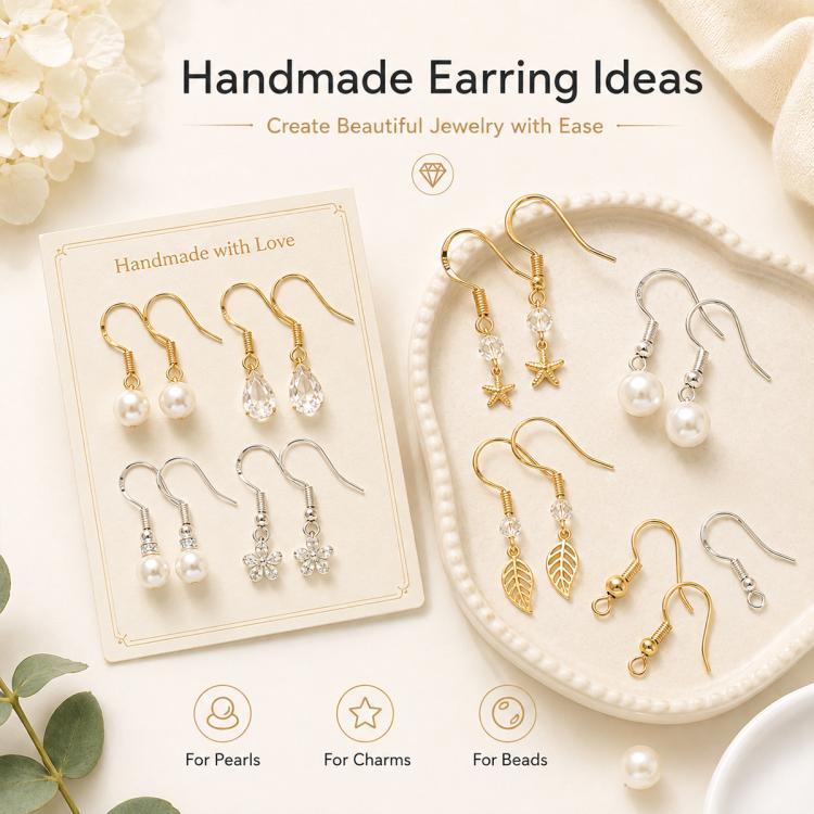 Handmade earring idea assortment featuring gold and silver hook frames for DIY designs