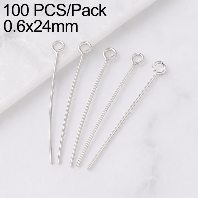 Silver tone loop head pins for jewelry making, 0.6x24mm, set of 5 pins