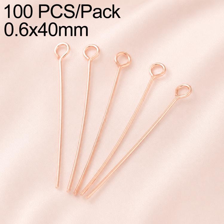 Rose gold plated brass bead head pins, 0.6x40mm, 100-pack, loop heads