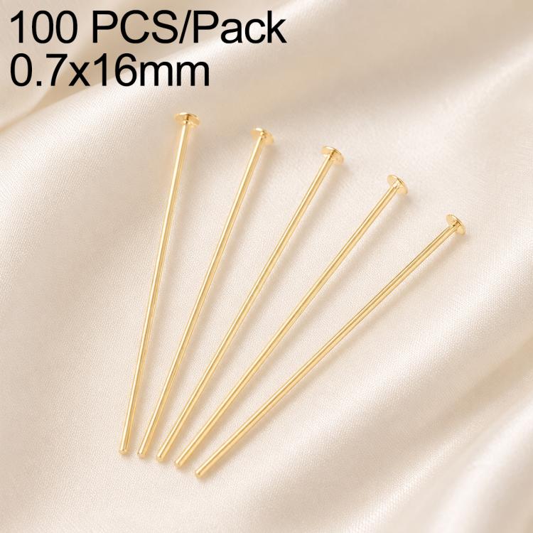 Gold-plated bead head pins, 0.7x16mm, 100-pack with looped heads for DIY jewelry.