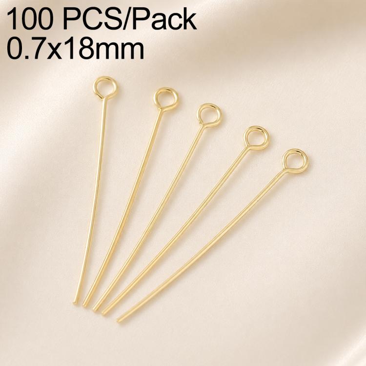 Gold-plated bead head pins, 0.7x18mm, 100-pack with looped heads for earrings.