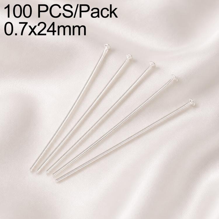 Silver-tone bead head pins, 0.7x24mm, looped eye pin style, pack of 100
