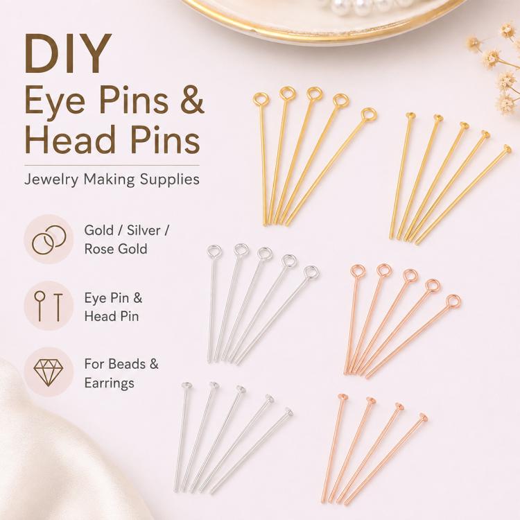 Mixed DIY eye pins and head pins set with loop heads, assorted gold and silver tones.