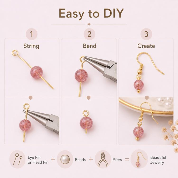 DIY jewelry pins with loop heads shown with tools and beads for assembling earrings.