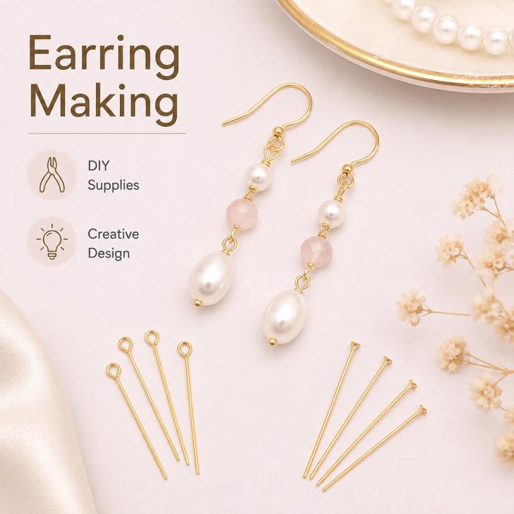 Earring assembly supplies: gold-tone pins with loop heads and small bead drops.