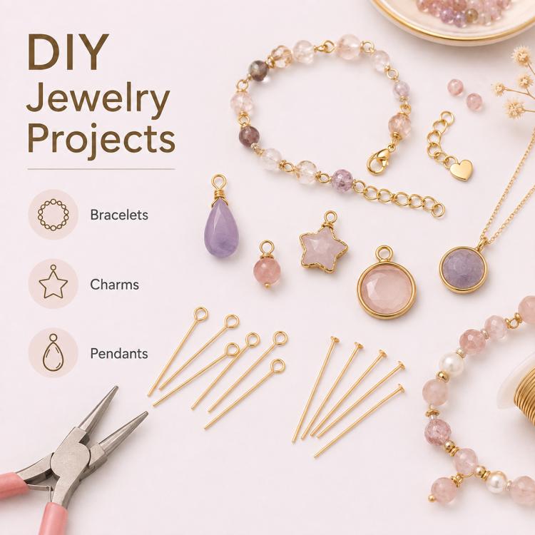DIY jewelry project supplies: mixed gold-tone bead head pins with loops