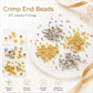Crimp end beads assortment with gold, silver, and white-tone small tube separator clips