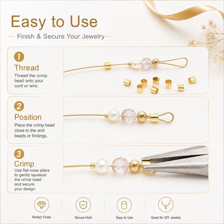 Gold tone positioning tube clip beads for DIY jewelry, shown with crimping setup