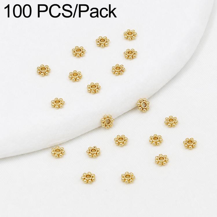 Gold snowflake bead caps spacers, round gear style with small central hole, 4mm size beads