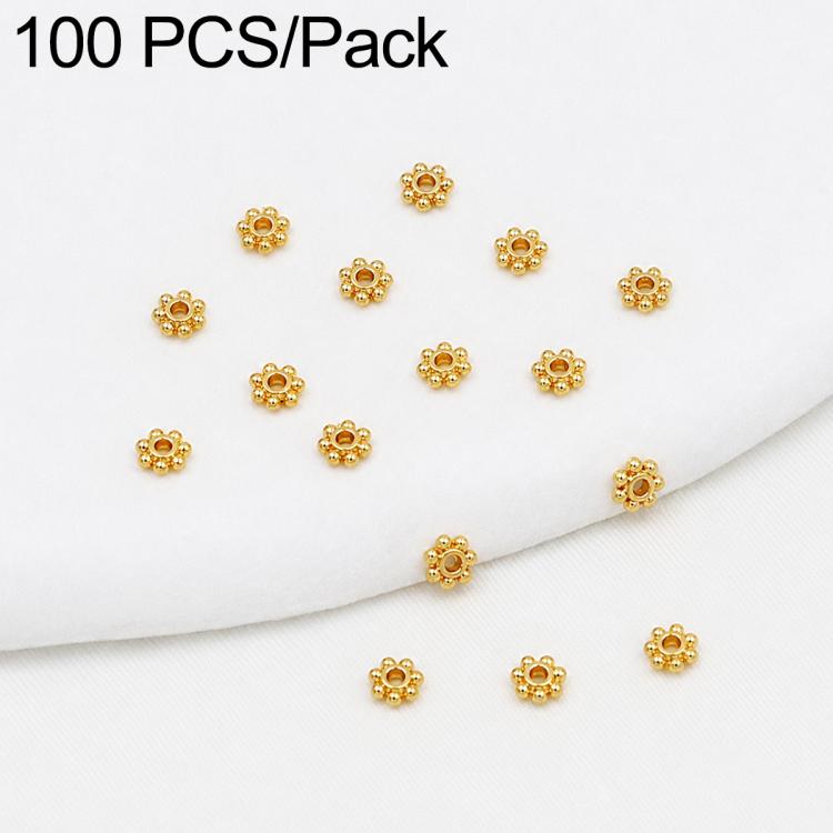 Gold snowflake bead caps spacers with gear-like round design and central hole, 5mm size