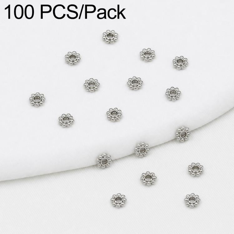 Silver snowflake bead caps spacers, round gear style with central hole, small metal bead