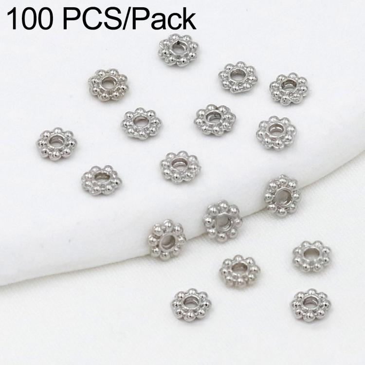 Silver snowflake bead cap spacers with central hole, small flower-like design, pack set