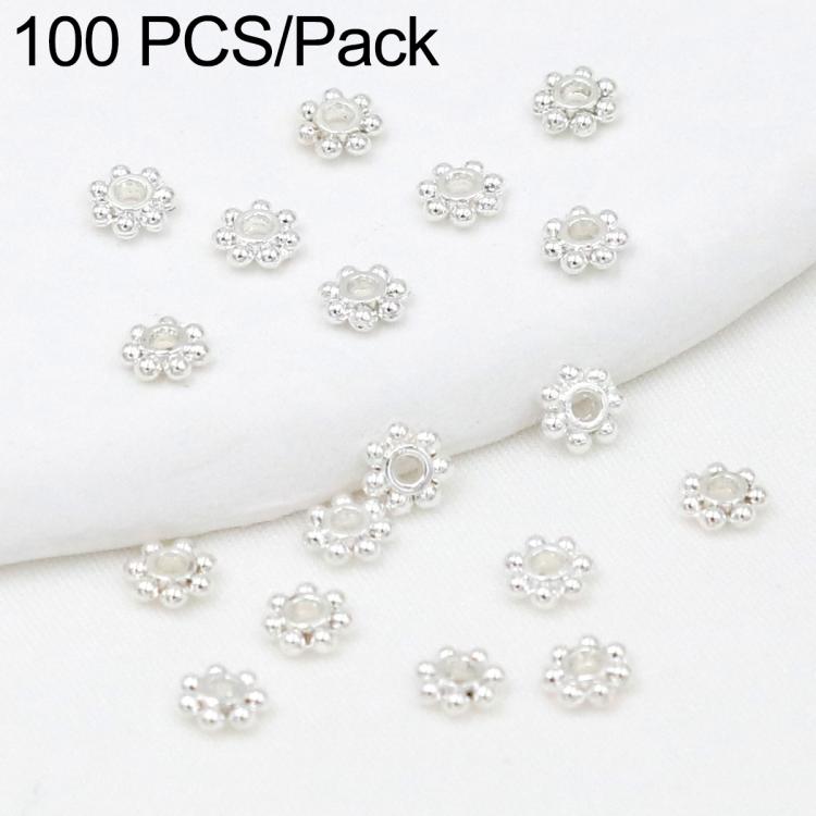 Silver snowflake bead cap spacers, small flower-like heads with center holes, assorted pack