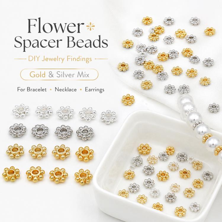 Gold and silver snowflake bead cap spacers, small flower-like designs, mixed set for DIY jewelry
