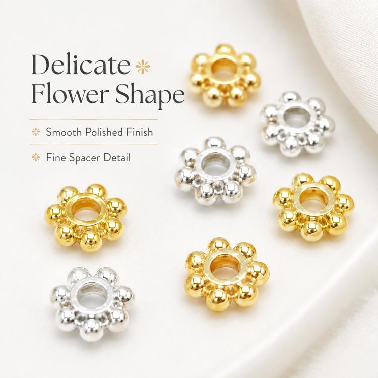 Gold and silver snowflake bead cap spacers, close-up of flower-like beads with center holes