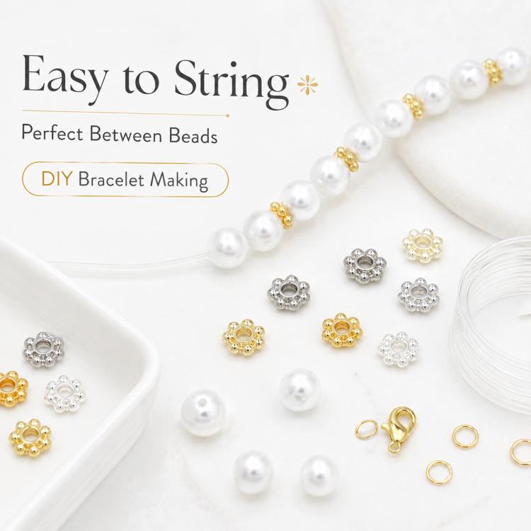 Mixed gold and silver snowflake bead cap spacers, small flower-like pieces with center hole