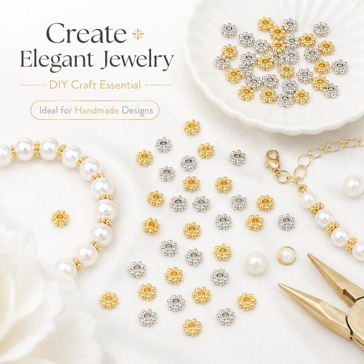 Assorted gold and silver snowflake bead cap spacers, flower-like designs for jewelry crafting