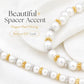 Snowflake bead cap spacer accents on pearl beaded necklace strand, gold and silver mix