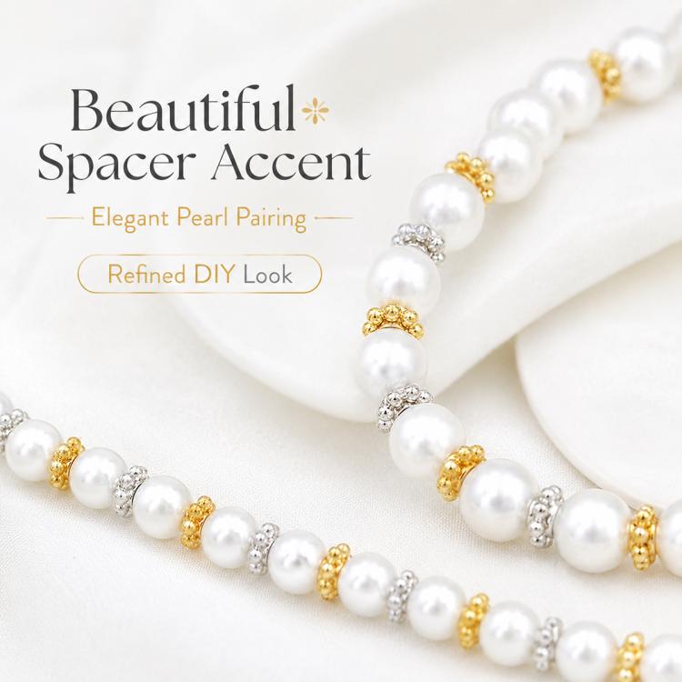 Snowflake bead cap spacer accents on pearl beaded necklace strand, gold and silver mix