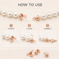 Rose gold double-loop end caps shown attaching to a pearl bracelet strand