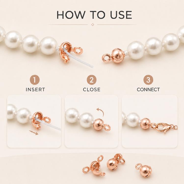 Rose gold double-loop end caps shown attaching to a pearl bracelet strand