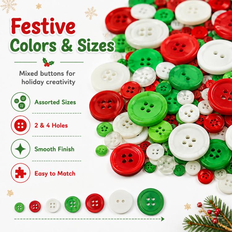 Close-up of round buttons in red, green, and white showing 2-hole and 4-hole faces