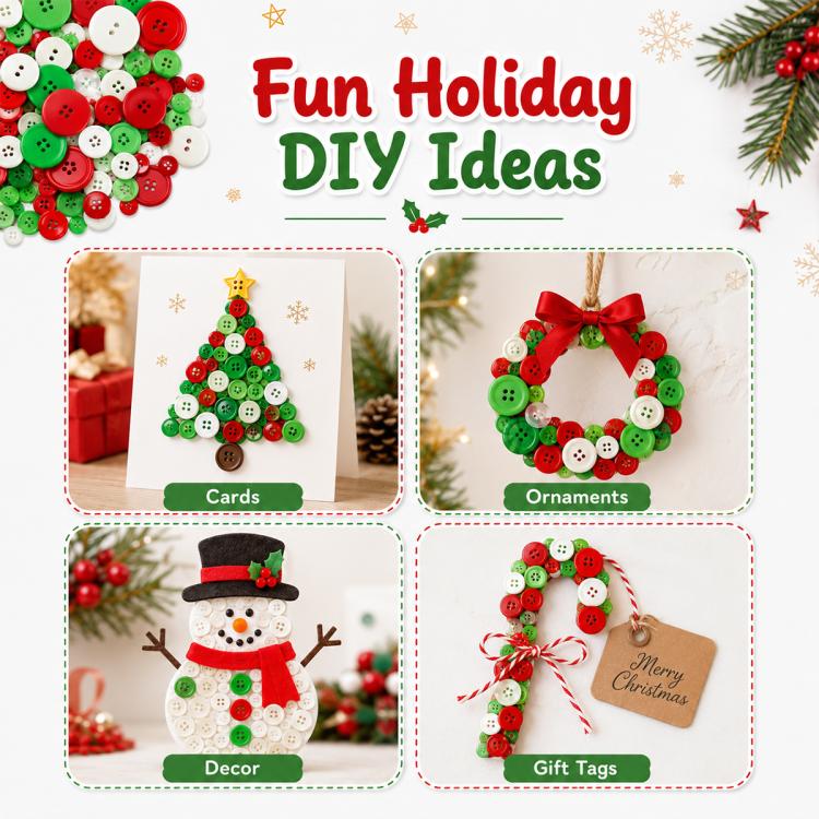 Scattered round holiday buttons in red and green with white pieces, assorted sizes