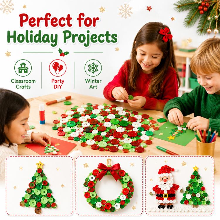 Family holiday craft activity with mixed round buttons in red, green, and white