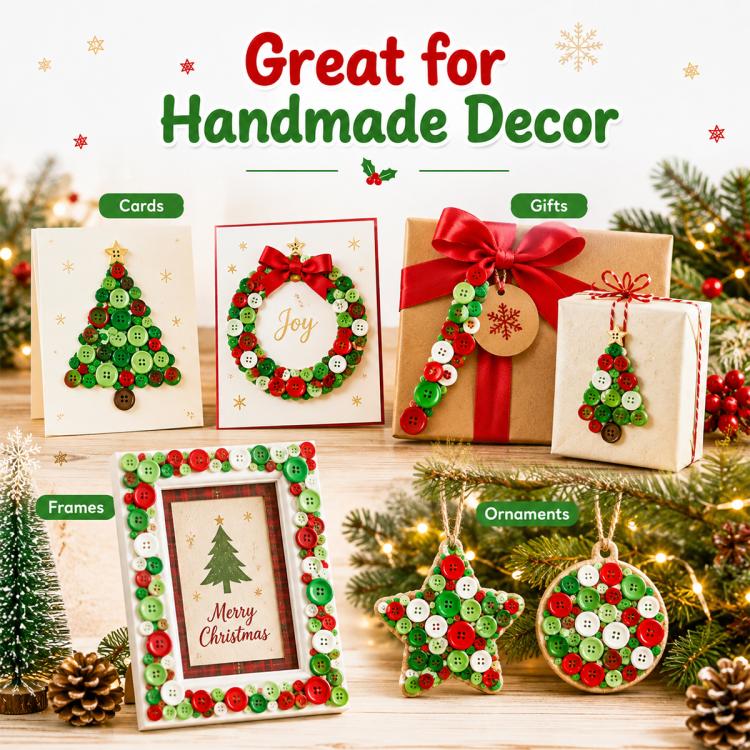 Handmade decor made with mixed round buttons in green, red, and white ornaments