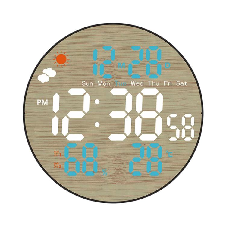 DS-5853L Multifunctional Wall Clock, LED Round Bamboo Pattern Weather Display Electronic Clock