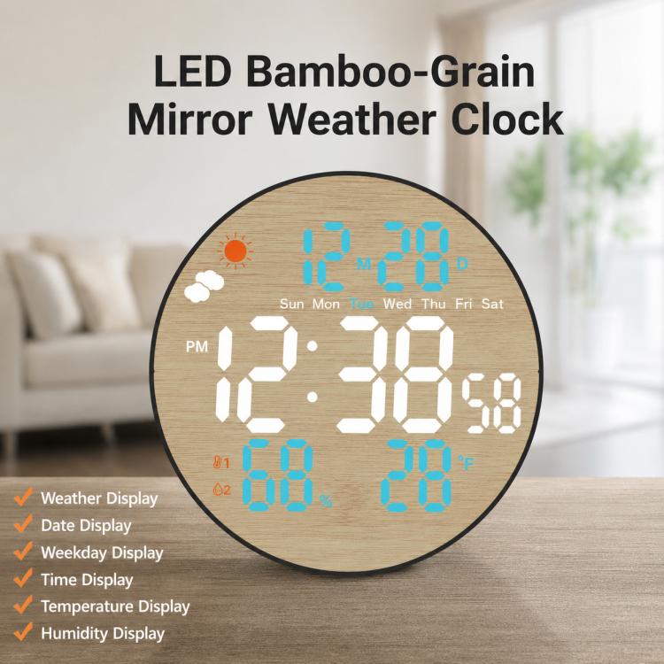 DS-5853L Multifunctional Wall Clock, LED Round Bamboo Pattern Weather Display Electronic Clock