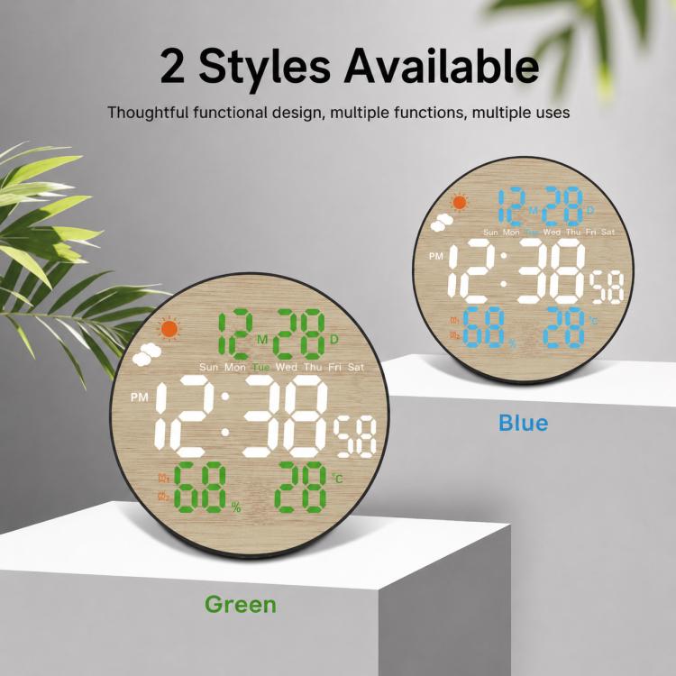 DS-5853L Multifunctional Wall Clock, LED Round Bamboo Pattern Weather Display Electronic Clock