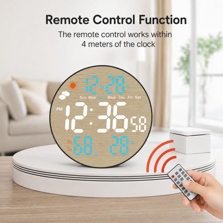 DS-5853L Multifunctional Wall Clock, LED Round Bamboo Pattern Weather Display Electronic Clock
