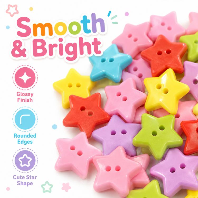 Close-up of colorful star resin buttons with 2 holes, glossy smooth finish