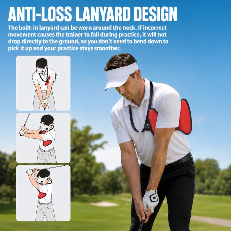 Red golf arm alignment trainer with anti-loss lanyard shown on a golfer
